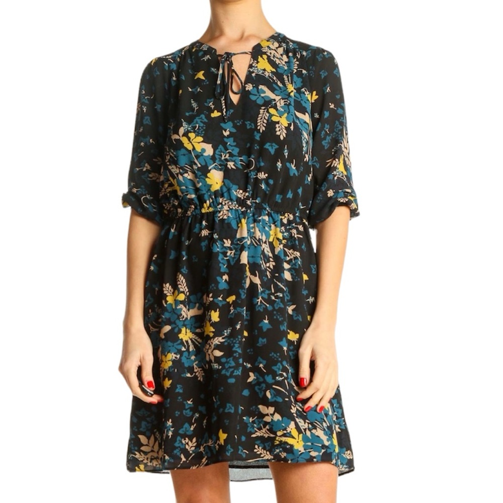 Loft Black Bohemian Floral Print Fit & Flare Dress Size S